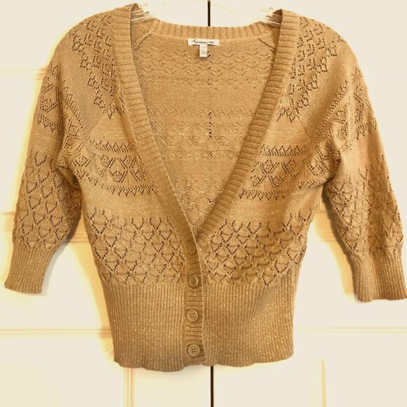 New HERITAGE 1981 Antique Gold Metallic Crop Cardigan Open-weave Sweater S - Picture 1 of 5